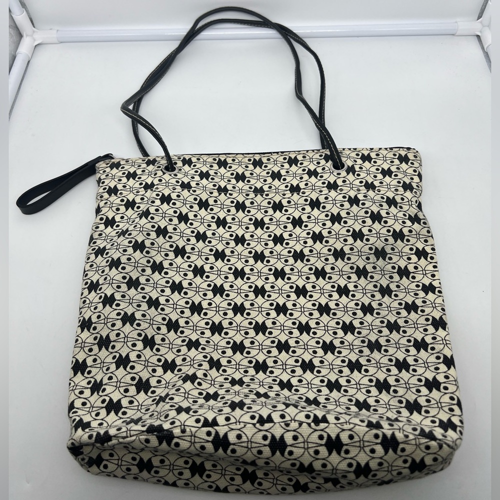 COCCINELLE Yin Yang Black White Graphic Cotton Tote Leather Handles Shoulder Bag